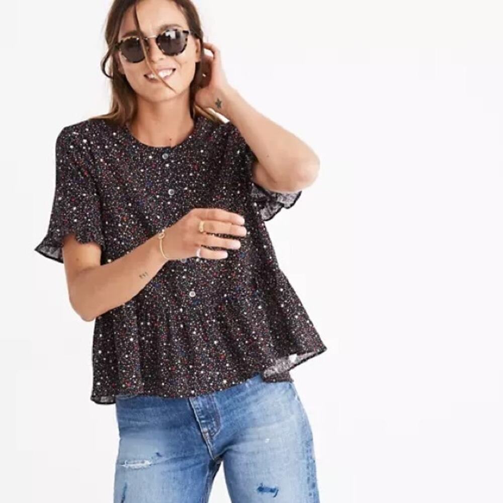 Madewell Flowy Studio Rufflehem Pure Cotton Peplum Button Top In Starry Night